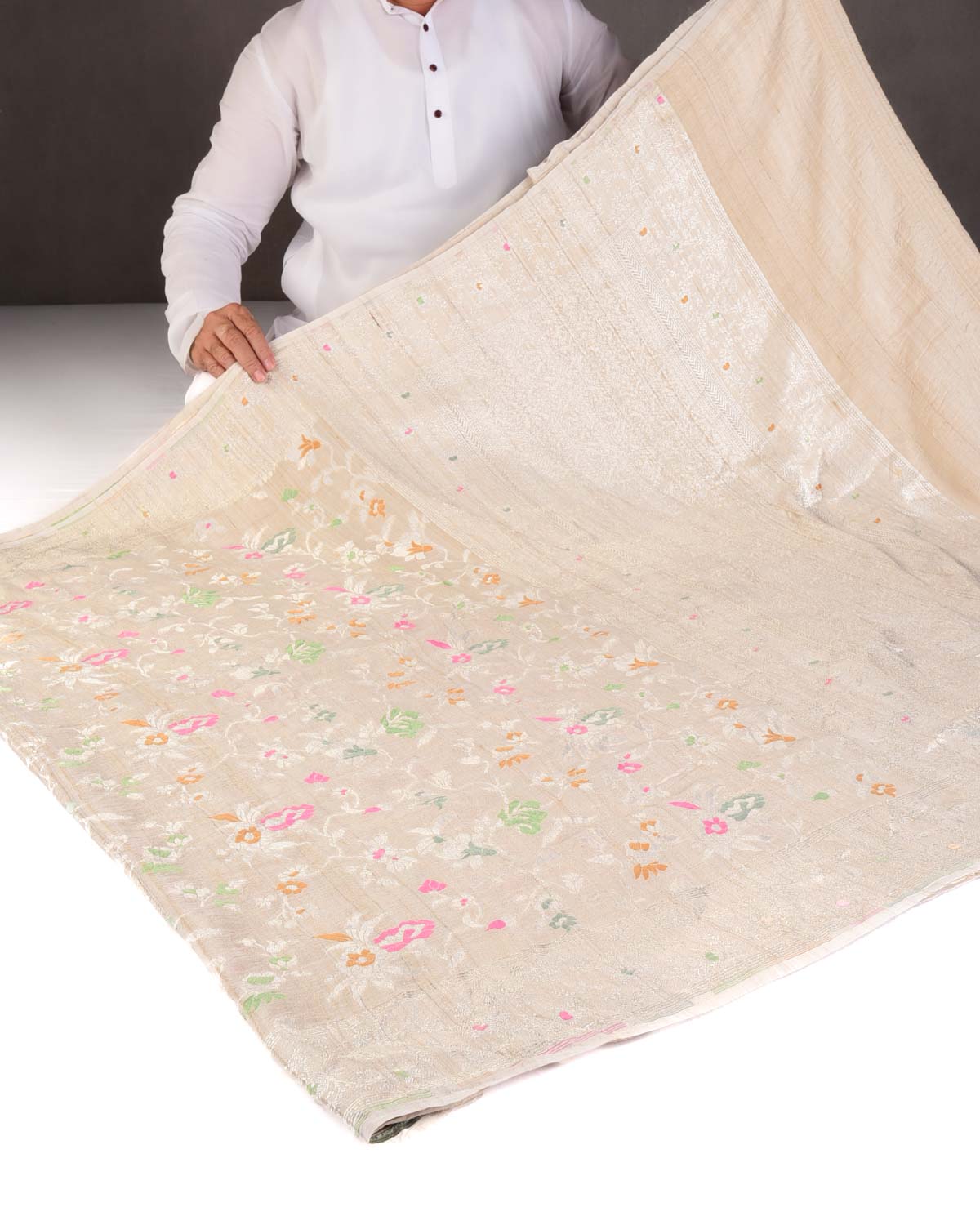 Beige Silver Zari & Meenekari Floral Jaal Cutwork Brocade Handwoven Tasar Georgette Banarasi Saree-HolyWeaves