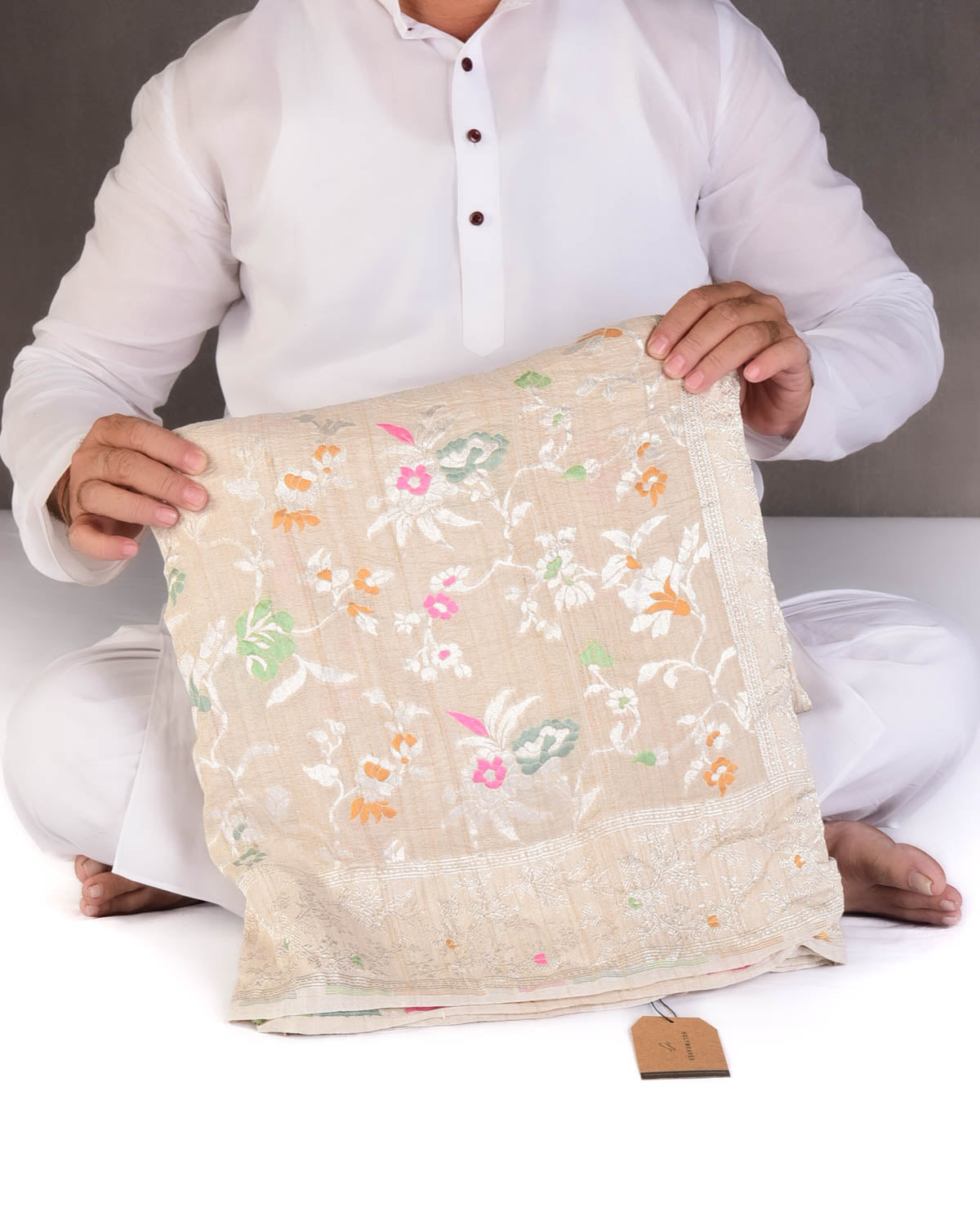 Beige Silver Zari & Meenekari Floral Jaal Cutwork Brocade Handwoven Tasar Georgette Banarasi Saree-HolyWeaves