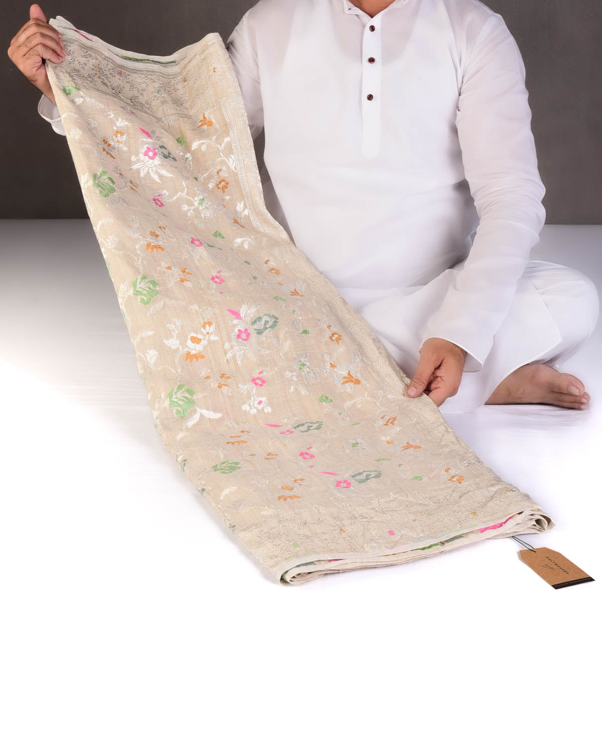 Beige Silver Zari & Meenekari Floral Jaal Cutwork Brocade Handwoven Tasar Georgette Banarasi Saree-HolyWeaves