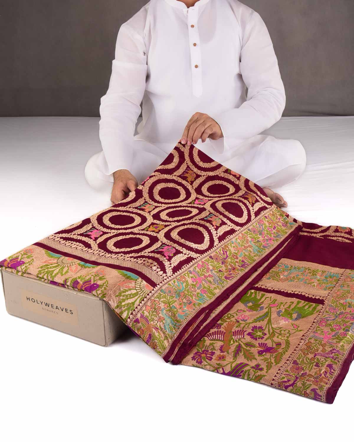 Burgundy Gold Zari & Resham Elephants Peacocks & Zebrs Shikargah Cutwork Brocade Handwoven Khaddi Georgette Banarasi Saree-HolyWeaves