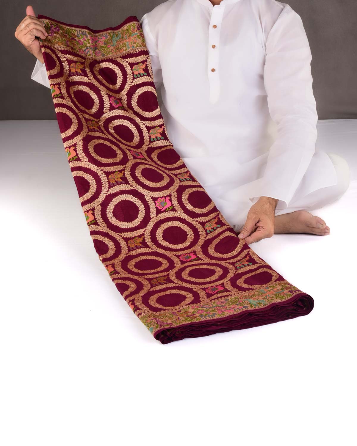 Burgundy Gold Zari & Resham Elephants Peacocks & Zebrs Shikargah Cutwork Brocade Handwoven Khaddi Georgette Banarasi Saree-HolyWeaves