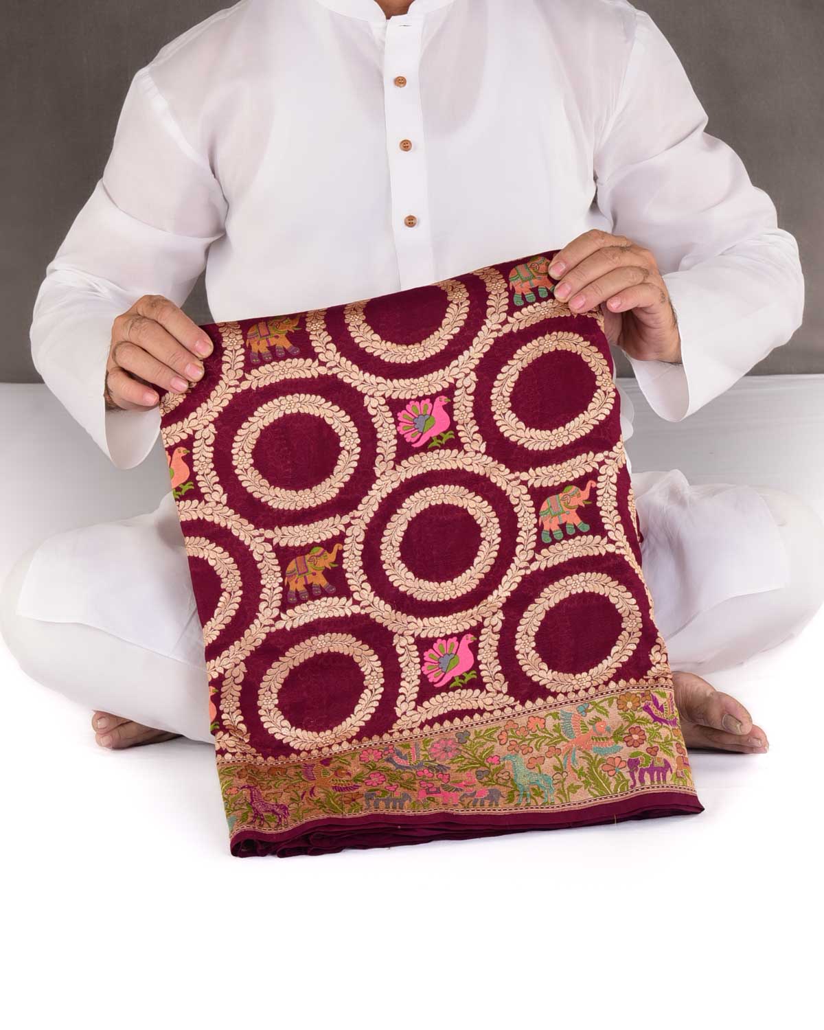 Burgundy Gold Zari & Resham Elephants Peacocks & Zebrs Shikargah Cutwork Brocade Handwoven Khaddi Georgette Banarasi Saree-HolyWeaves