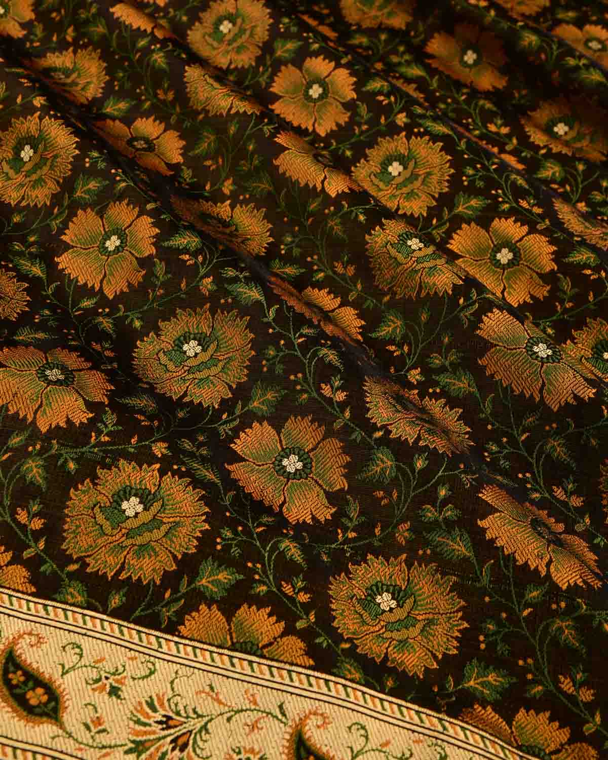 Black Tehra Floral Jaal Jamawar Brocade Handwoven Katan Silk Banarasi Saree with Gold Zari Border Pallu-HolyWeaves