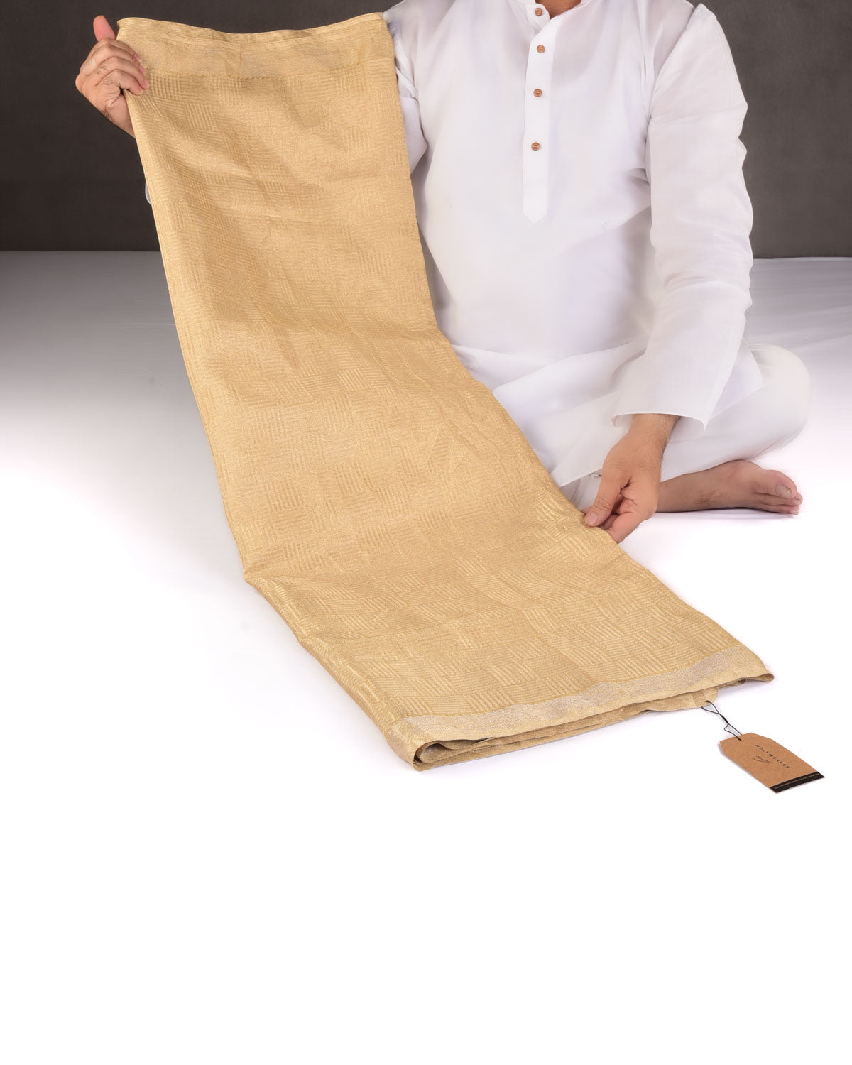 Metallic Gold Chequered Grids Brocade Handwoven Tissue Banarasi Saree-HolyWeaves