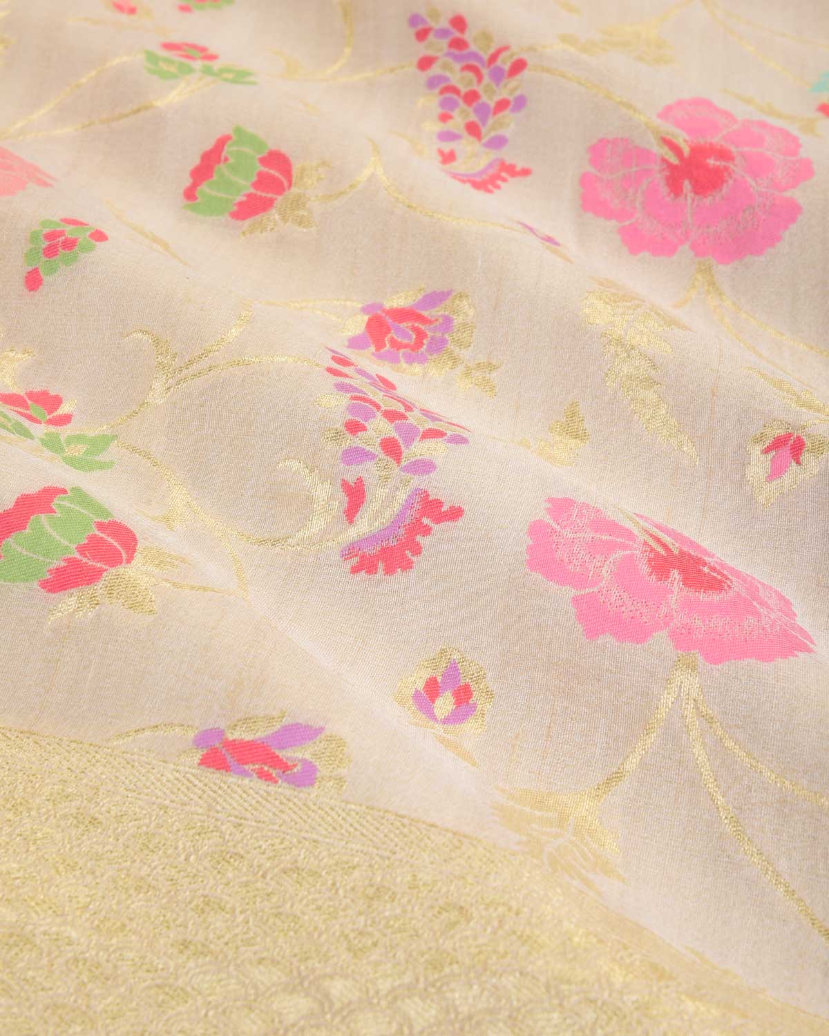 Beige Gold Zari & Meenekari Floral Jaal Cutwork Brocade Handwoven Tasar Georgette Banarasi Saree-HolyWeaves