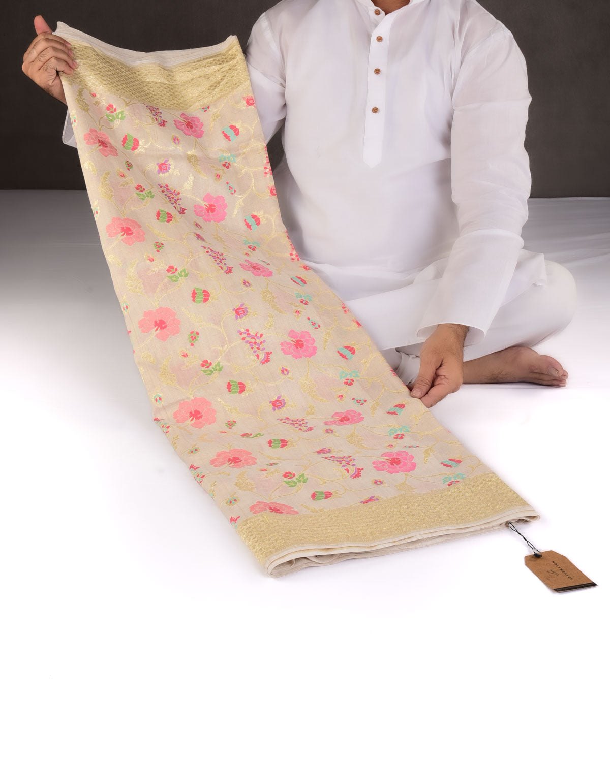 Beige Gold Zari & Meenekari Floral Jaal Cutwork Brocade Handwoven Tasar Georgette Banarasi Saree-HolyWeaves