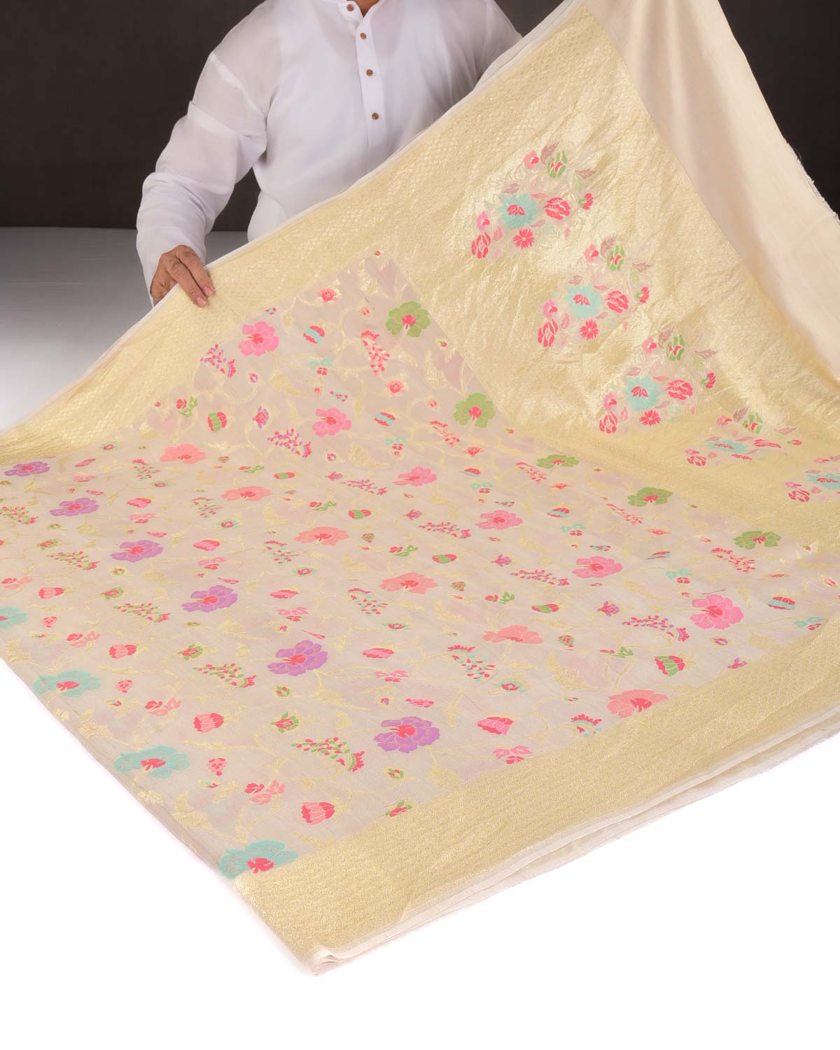 Beige Gold Zari & Meenekari Floral Jaal Cutwork Brocade Handwoven Tasar Georgette Banarasi Saree-HolyWeaves