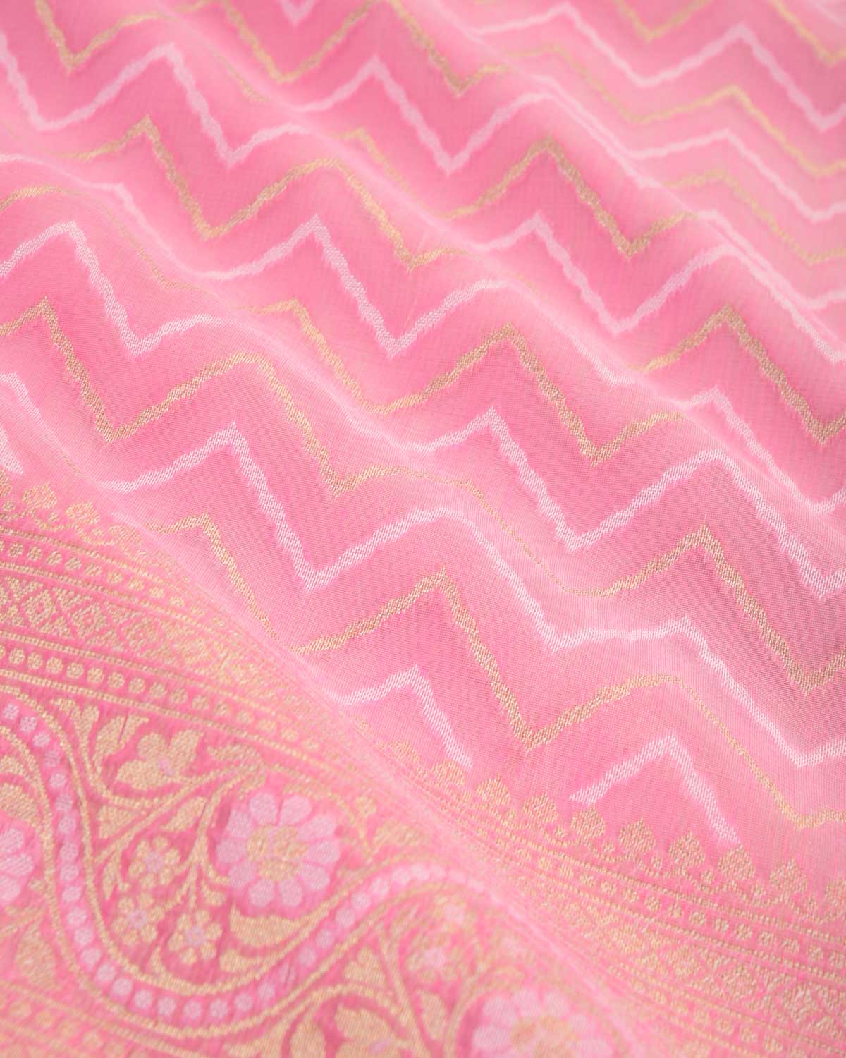 Pink Gold Zari And resham Chevron Cutwork Brocade Woven Art Cotton Silk Banarasi Saree-HolyWeaves