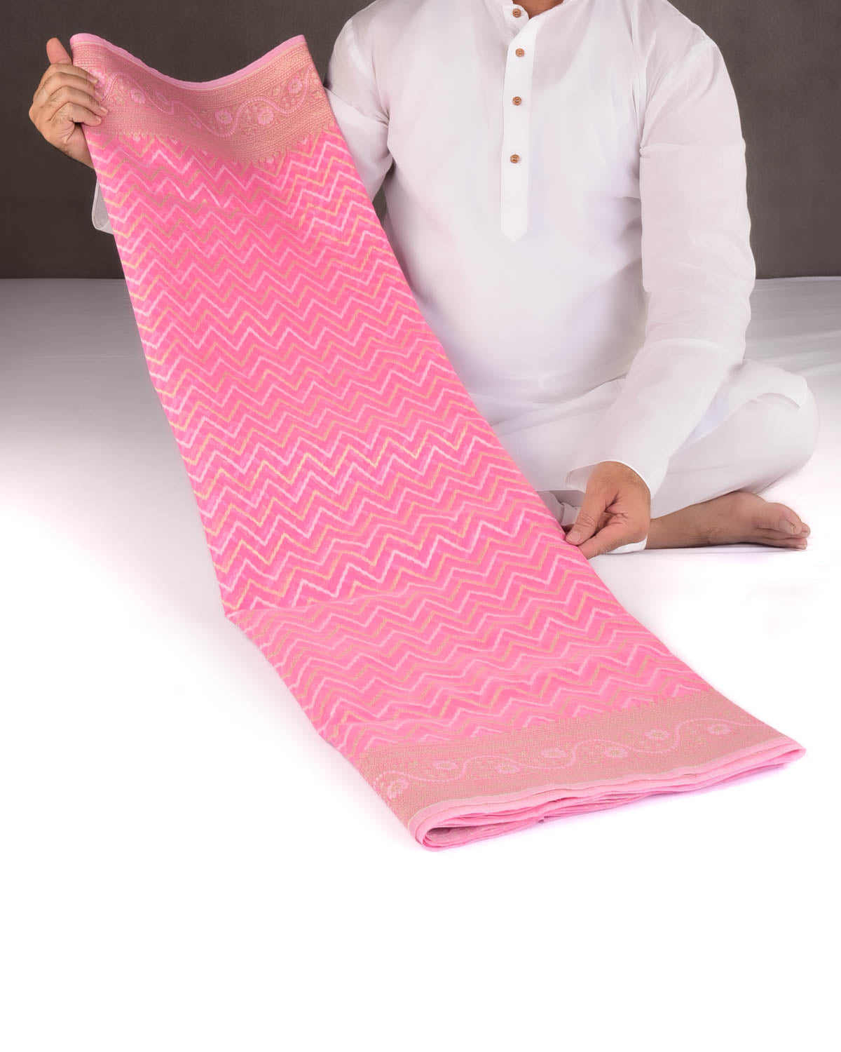 Pink Gold Zari And resham Chevron Cutwork Brocade Woven Art Cotton Silk Banarasi Saree-HolyWeaves