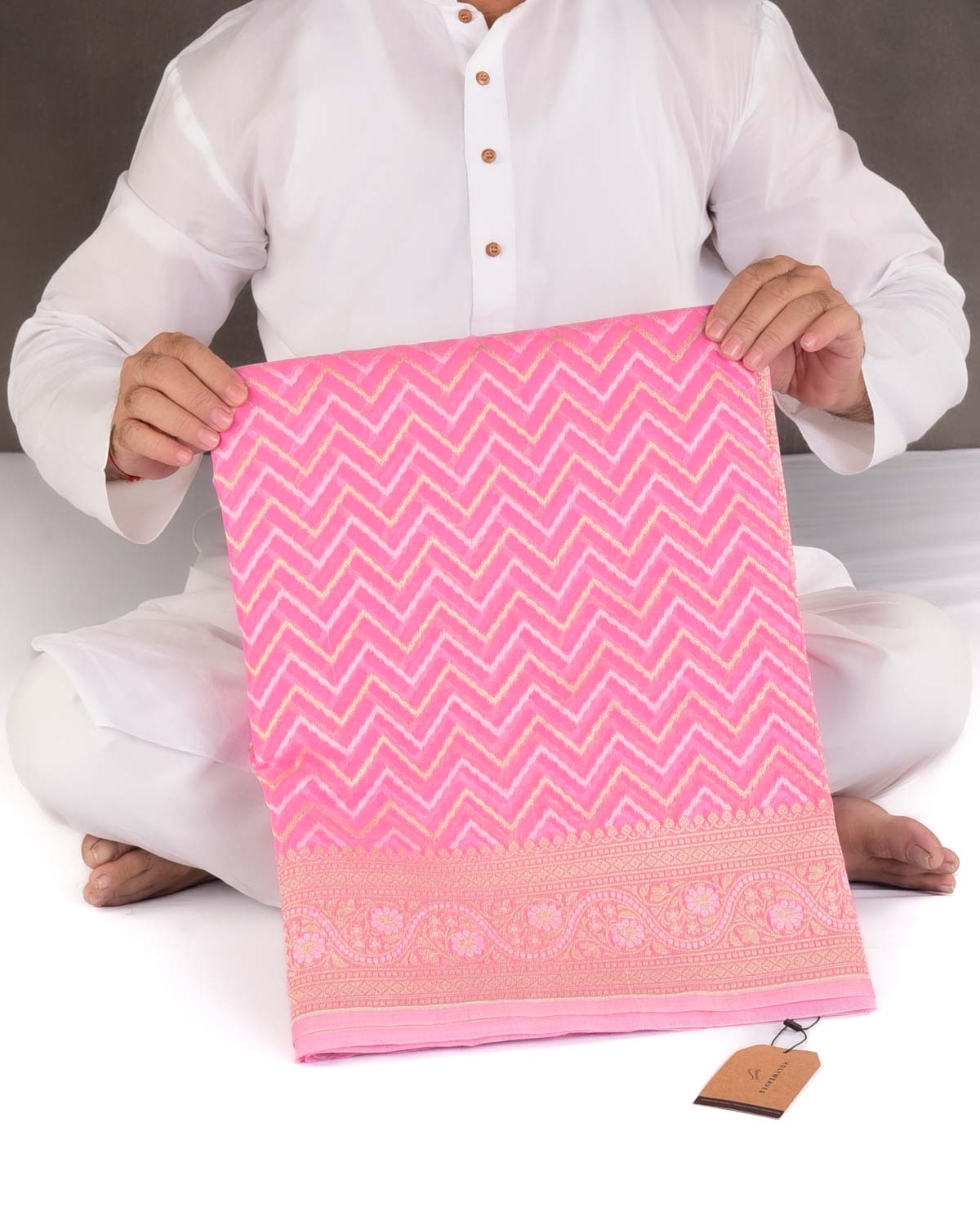 Pink Gold Zari And resham Chevron Cutwork Brocade Woven Art Cotton Silk Banarasi Saree-HolyWeaves