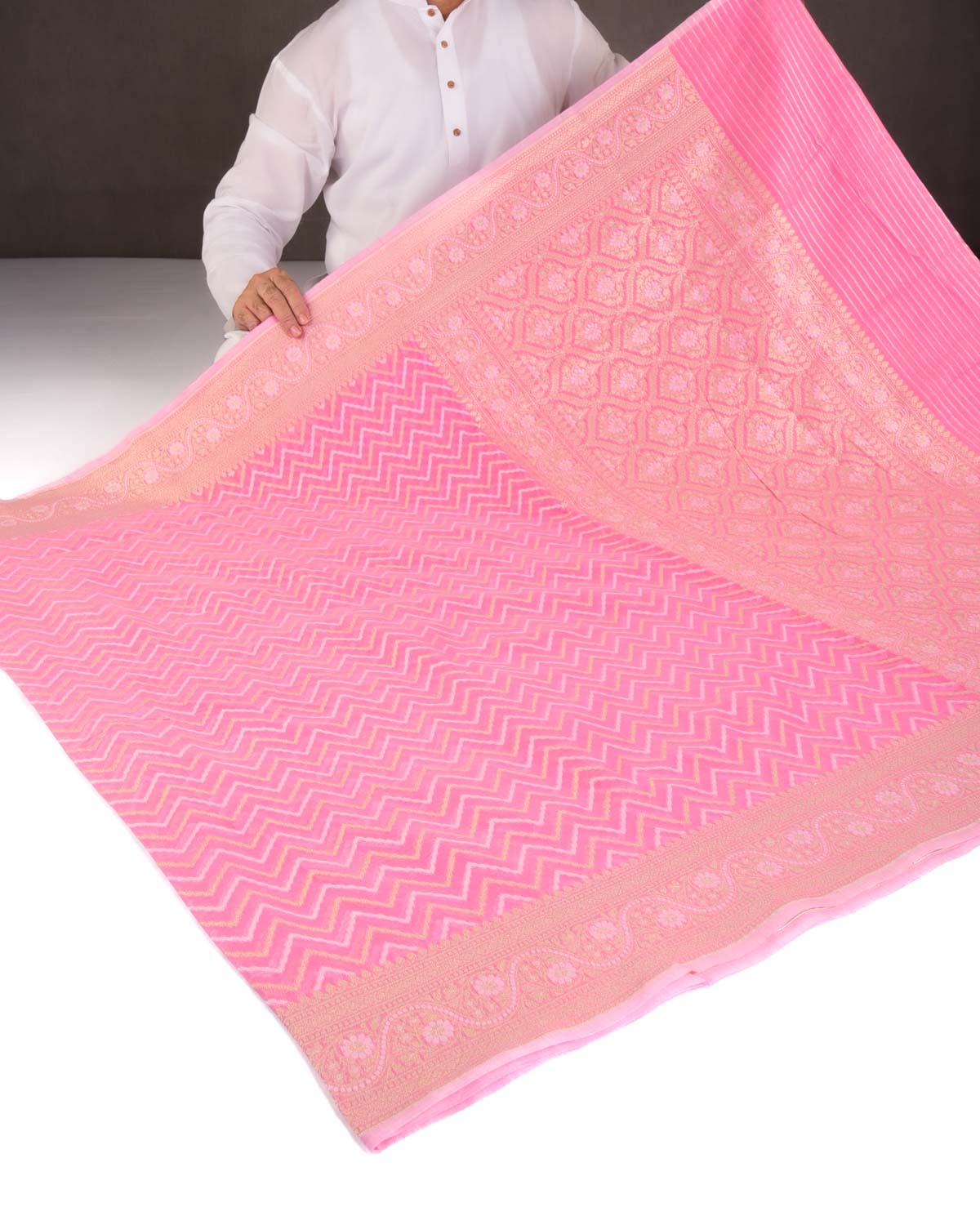 Pink Gold Zari And resham Chevron Cutwork Brocade Woven Art Cotton Silk Banarasi Saree-HolyWeaves