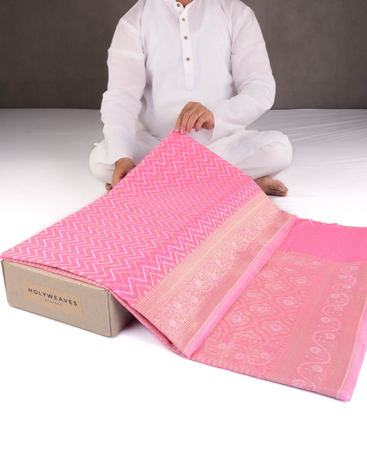 Pink Gold Zari And resham Chevron Cutwork Brocade Woven Art Cotton Silk Banarasi Saree-HolyWeaves