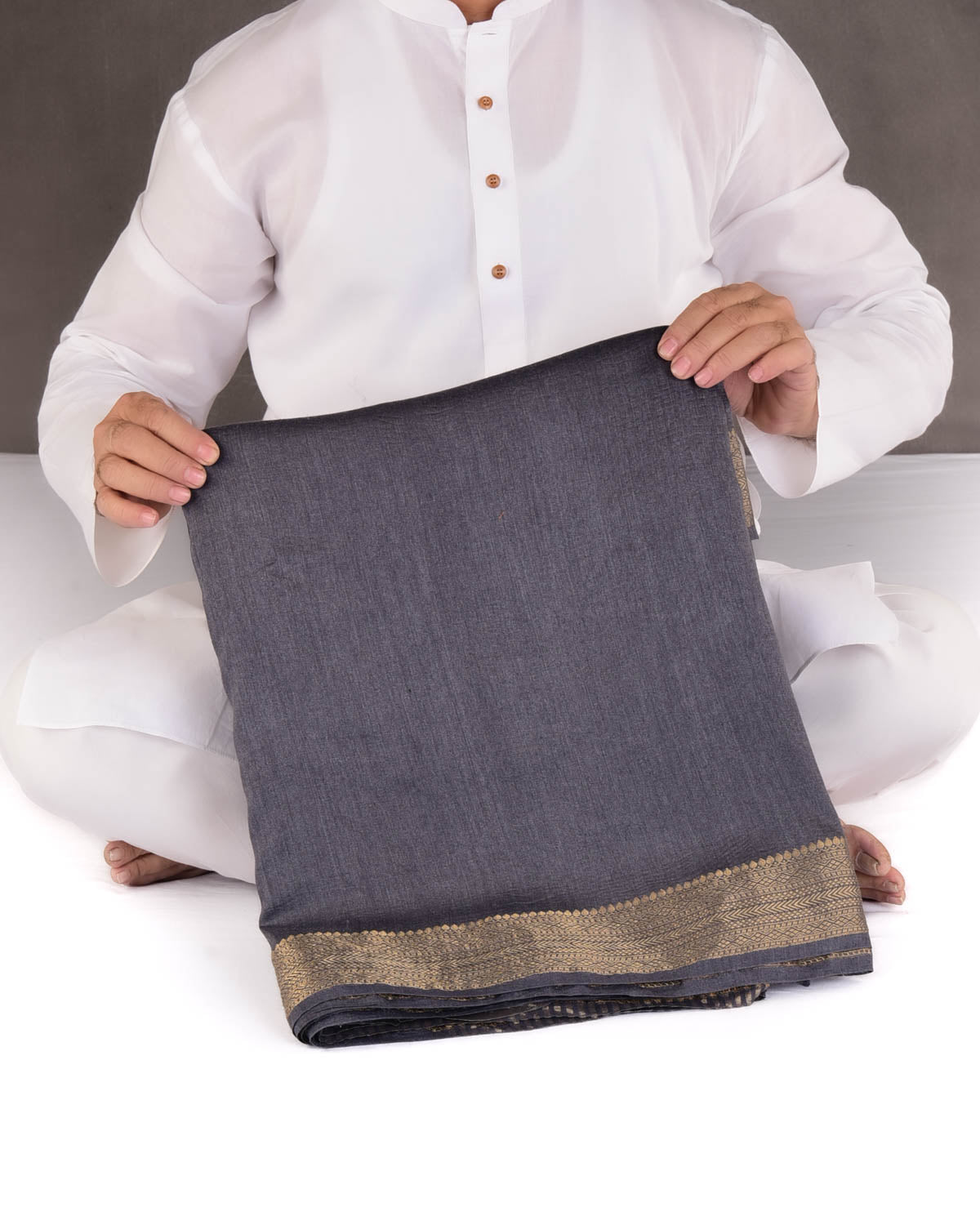 Gray Gold Zari Border Pallu Brocade Woven Muga Silk Banarasi Saree-HolyWeaves