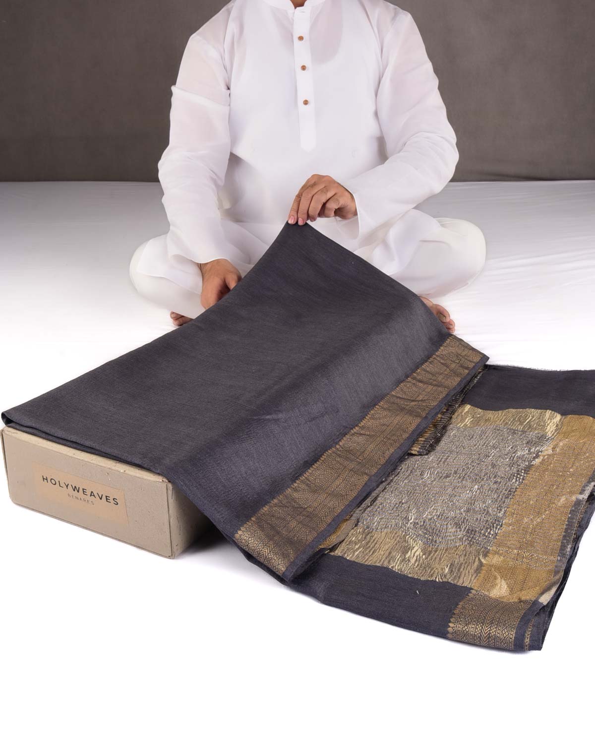 Gray Gold Zari Border Pallu Brocade Woven Muga Silk Banarasi Saree-HolyWeaves