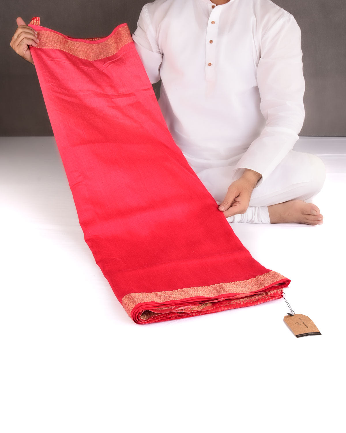 Ombre Red Gold Zari Border Pallu Brocade Woven Muga Silk Banarasi Saree-HolyWeaves