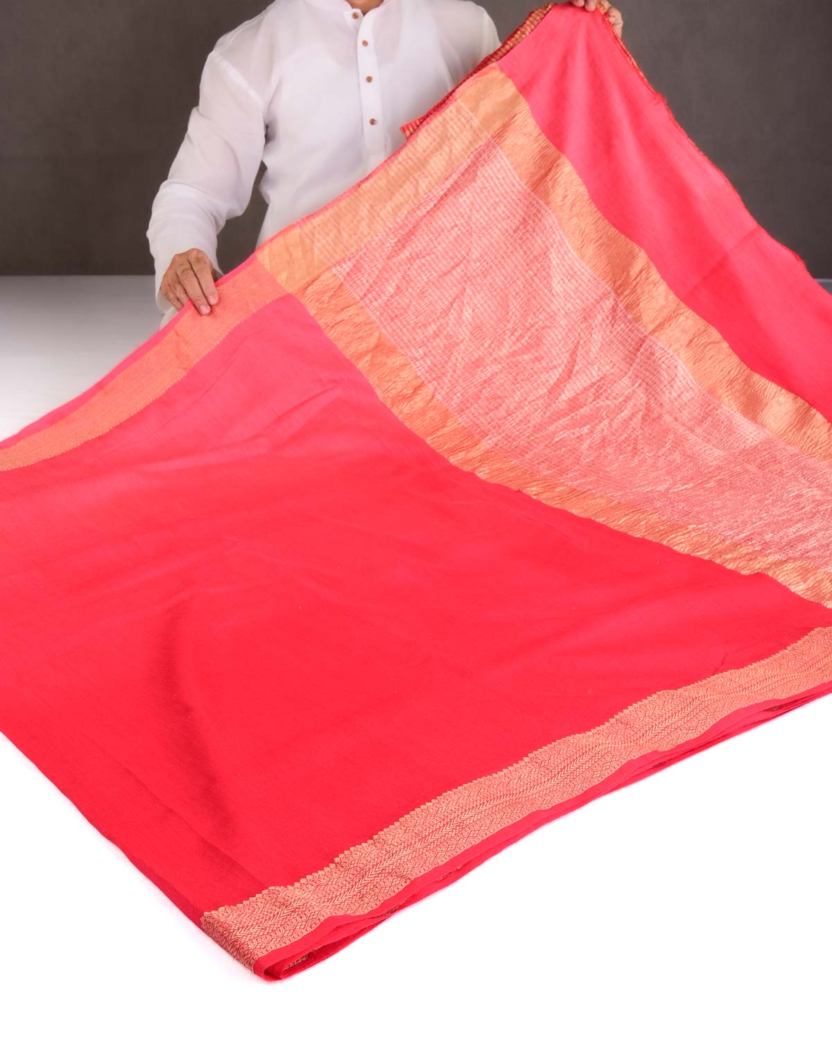 Ombre Red Gold Zari Border Pallu Brocade Woven Muga Silk Banarasi Saree-HolyWeaves