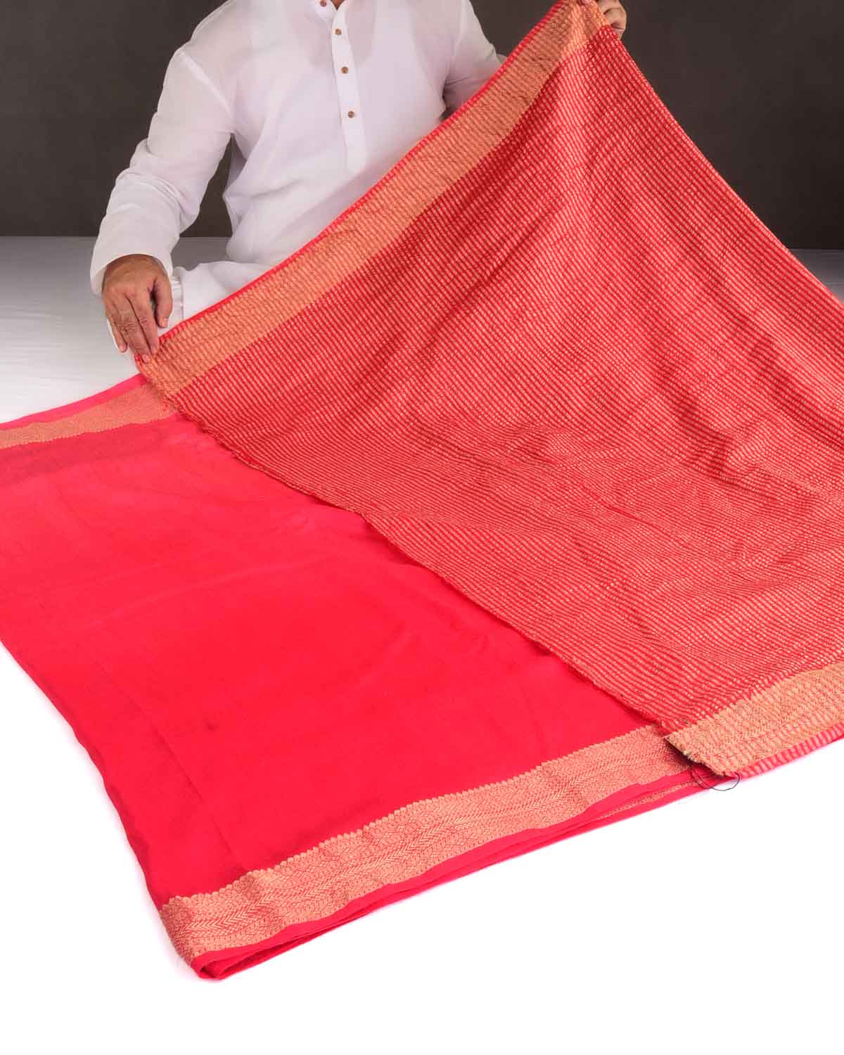 Ombre Red Gold Zari Border Pallu Brocade Woven Muga Silk Banarasi Saree-HolyWeaves