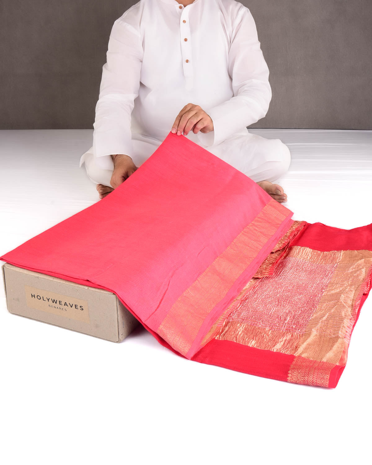 Ombre Red Gold Zari Border Pallu Brocade Woven Muga Silk Banarasi Saree-HolyWeaves