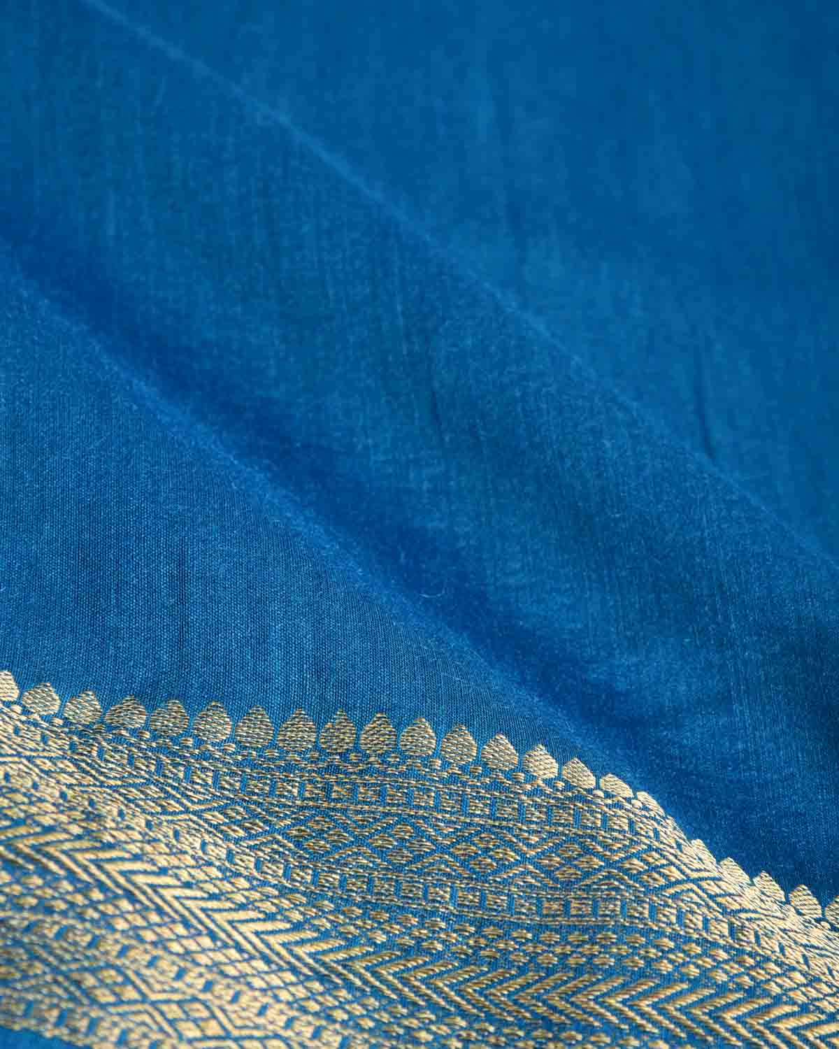 Teal Blue Gold Zari Border Pallu Brocade Woven Muga Silk Banarasi Saree-HolyWeaves