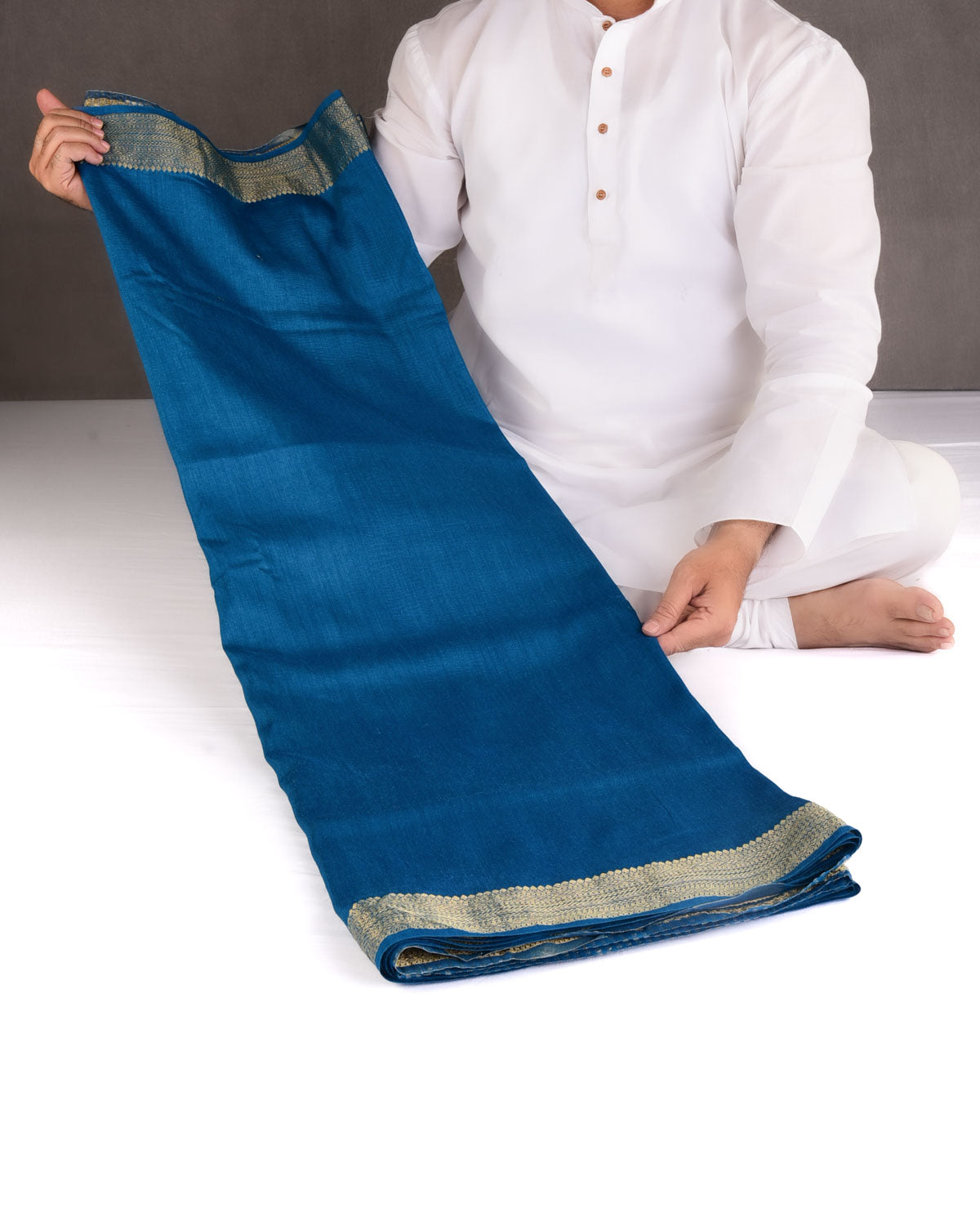 Teal Blue Gold Zari Border Pallu Brocade Woven Muga Silk Banarasi Saree-HolyWeaves