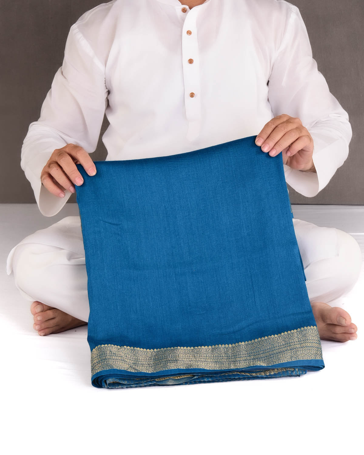 Teal Blue Gold Zari Border Pallu Brocade Woven Muga Silk Banarasi Saree-HolyWeaves