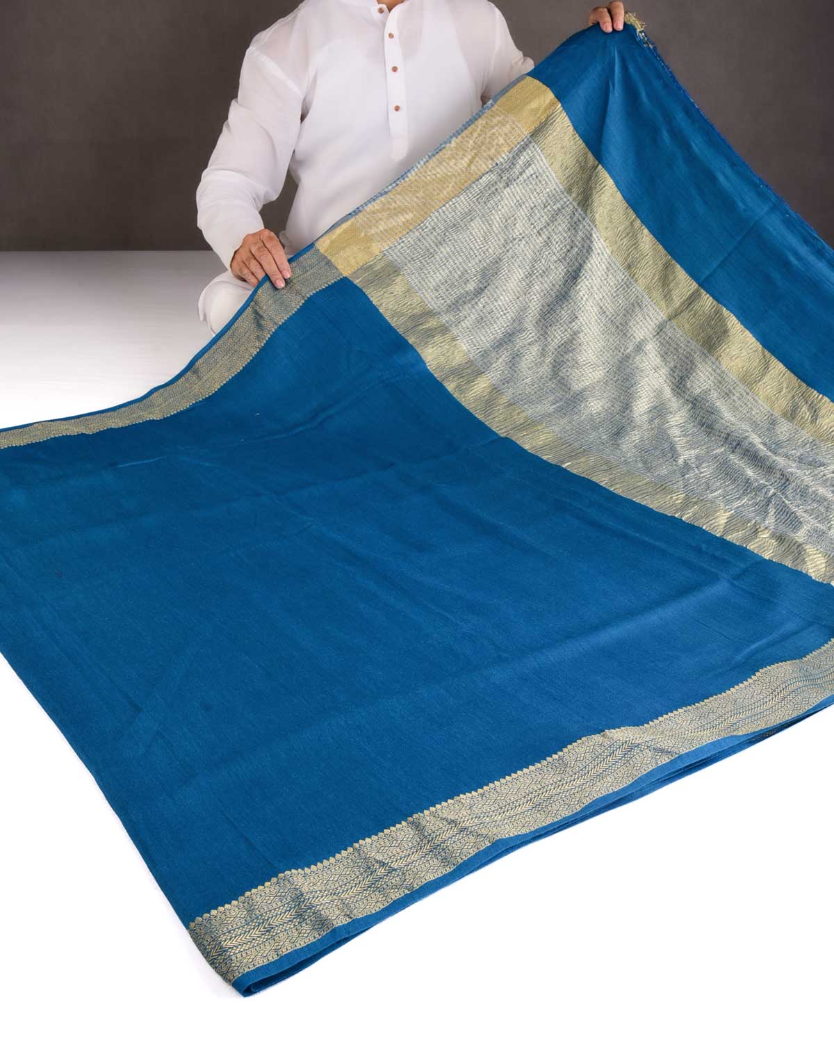 Teal Blue Gold Zari Border Pallu Brocade Woven Muga Silk Banarasi Saree-HolyWeaves