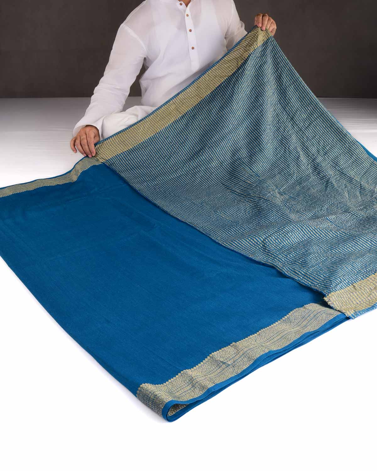 Teal Blue Gold Zari Border Pallu Brocade Woven Muga Silk Banarasi Saree-HolyWeaves
