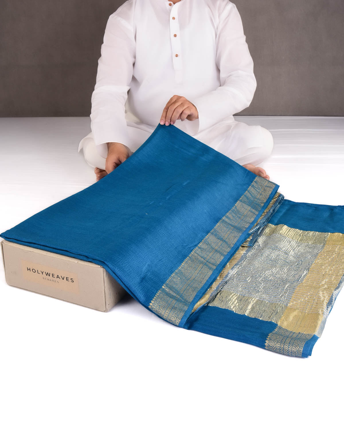 Teal Blue Gold Zari Border Pallu Brocade Woven Muga Silk Banarasi Saree-HolyWeaves