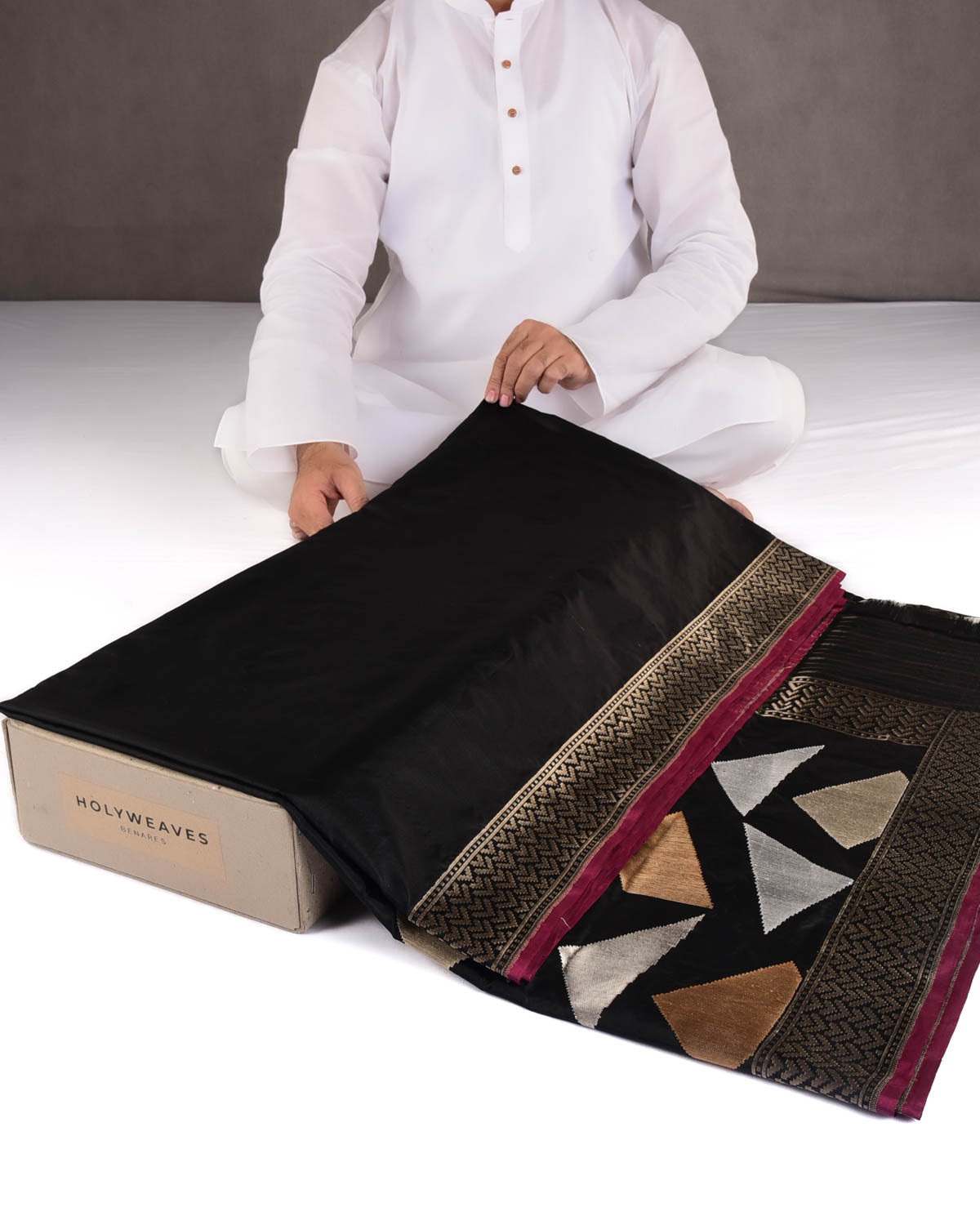 Black Gold Silver & Antique Zari Kadhuan Brocade Handwoven Katan Silk Banarasi Saree-HolyWeaves