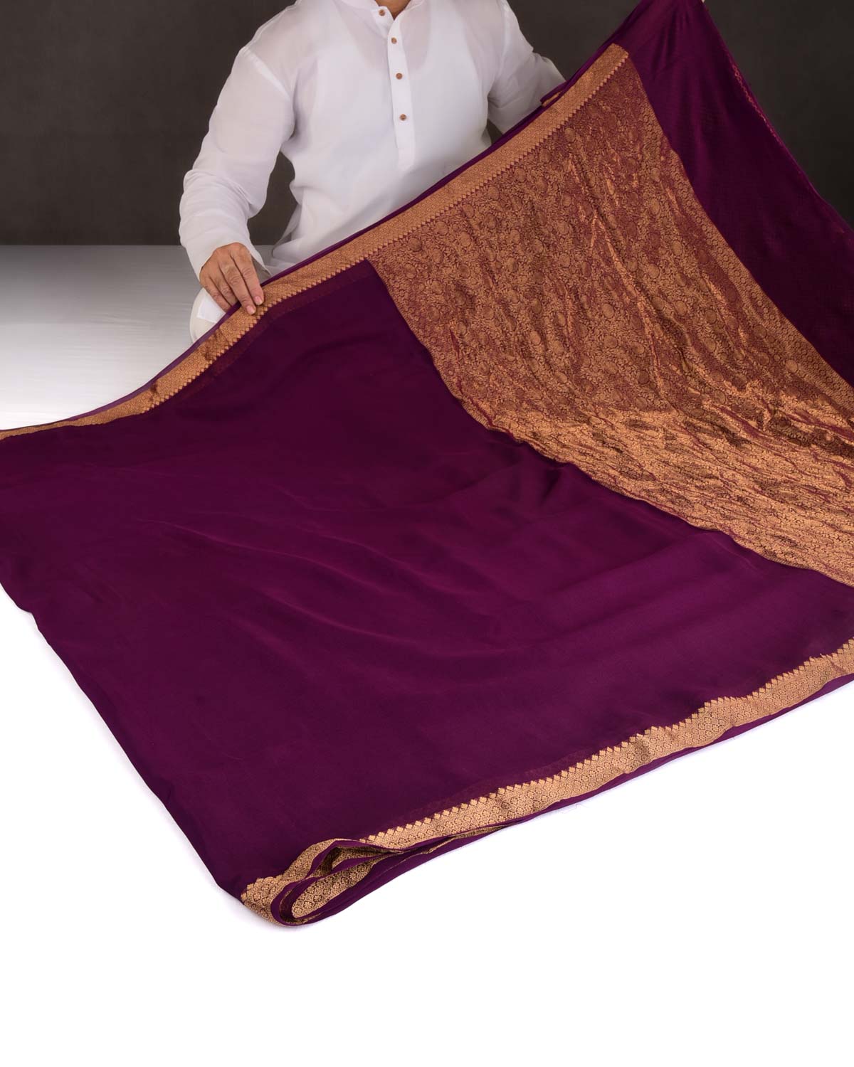 Byzantium Purple Gold Zari Border Pallu Brocade Woven Khaddi Georgette Banarasi Saree-HolyWeaves