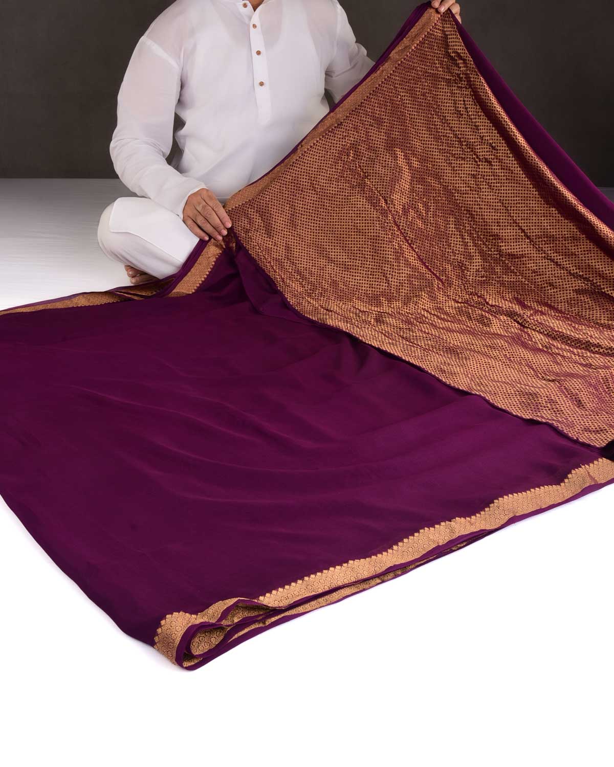 Byzantium Purple Gold Zari Border Pallu Brocade Woven Khaddi Georgette Banarasi Saree-HolyWeaves