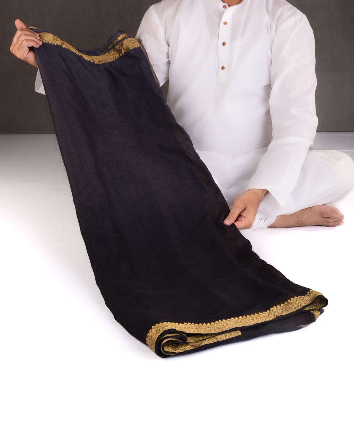 Ombre Gray Black Gold Zari Border Pallu Brocade Woven Khaddi Georgette Banarasi Saree-HolyWeaves