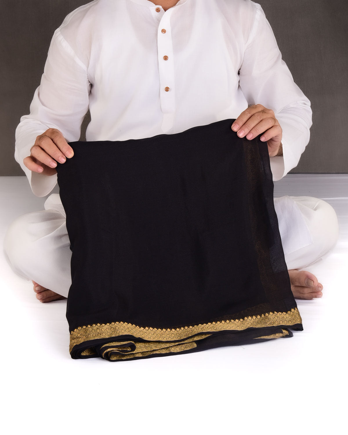 Ombre Gray Black Gold Zari Border Pallu Brocade Woven Khaddi Georgette Banarasi Saree-HolyWeaves