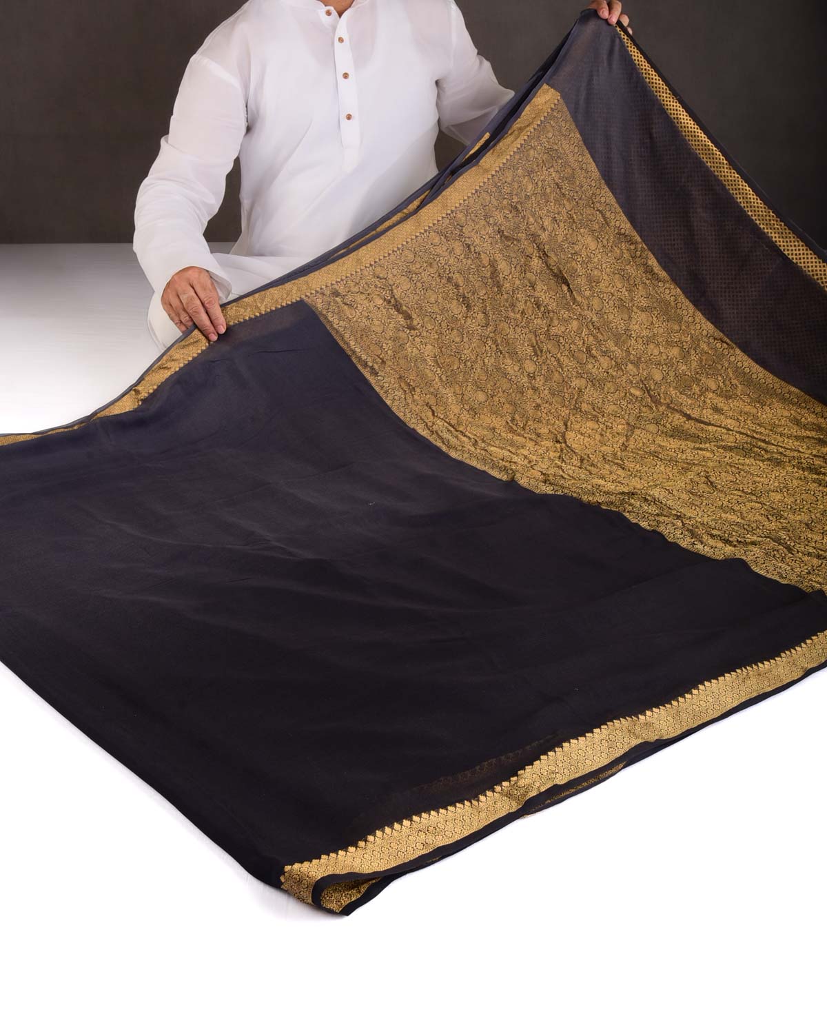 Ombre Gray Black Gold Zari Border Pallu Brocade Woven Khaddi Georgette Banarasi Saree-HolyWeaves