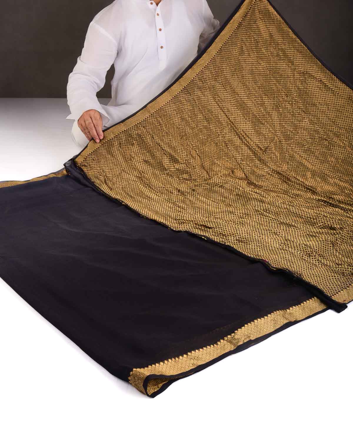 Ombre Gray Black Gold Zari Border Pallu Brocade Woven Khaddi Georgette Banarasi Saree-HolyWeaves