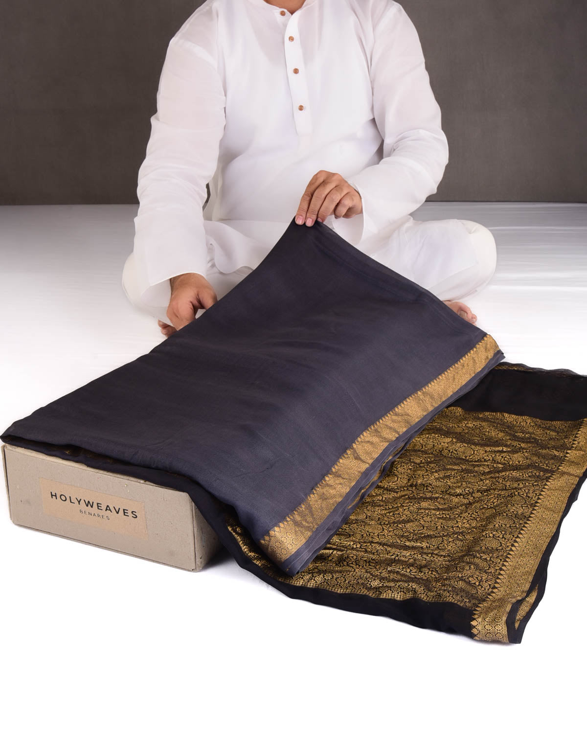 Ombre Gray Black Gold Zari Border Pallu Brocade Woven Khaddi Georgette Banarasi Saree-HolyWeaves