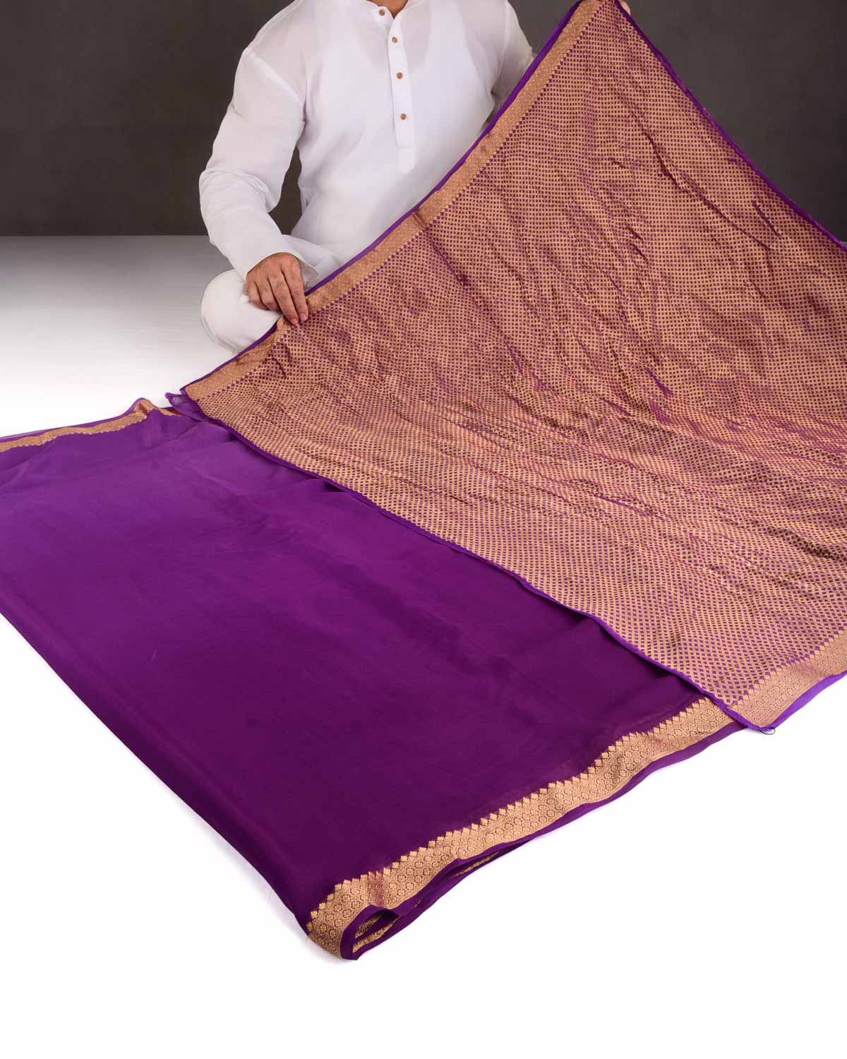Ombre Mauve Purple Gold Zari Border Pallu Brocade Woven Khaddi Georgette Banarasi Saree-HolyWeaves