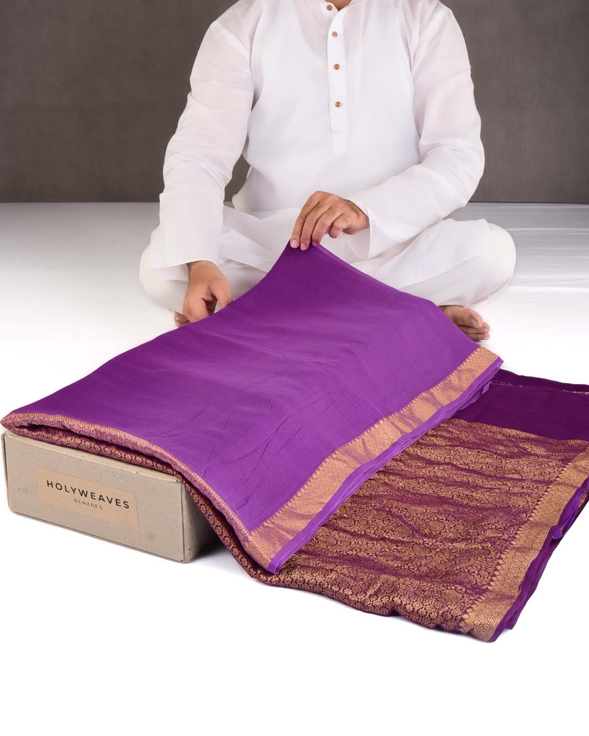 Ombre Mauve Purple Gold Zari Border Pallu Brocade Woven Khaddi Georgette Banarasi Saree-HolyWeaves