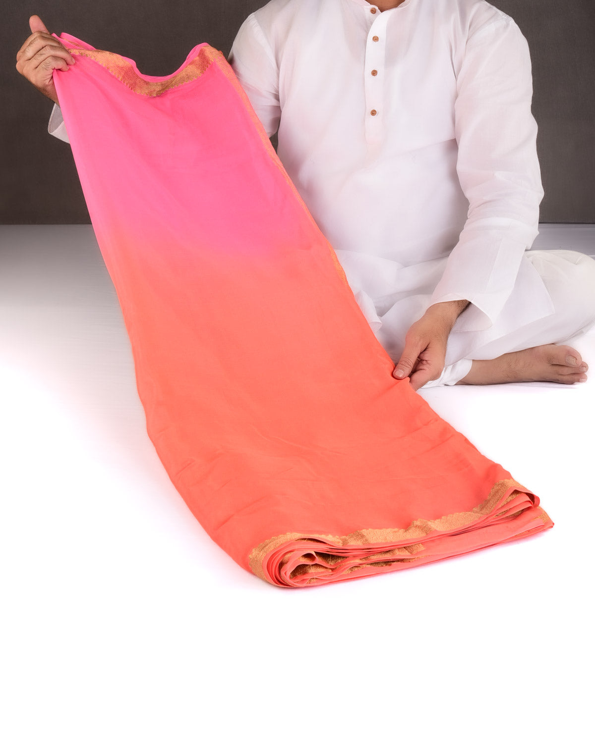 Ombre Pink-Orange Gold Zari Border Pallu Brocade Woven Khaddi Georgette Banarasi Saree-HolyWeaves