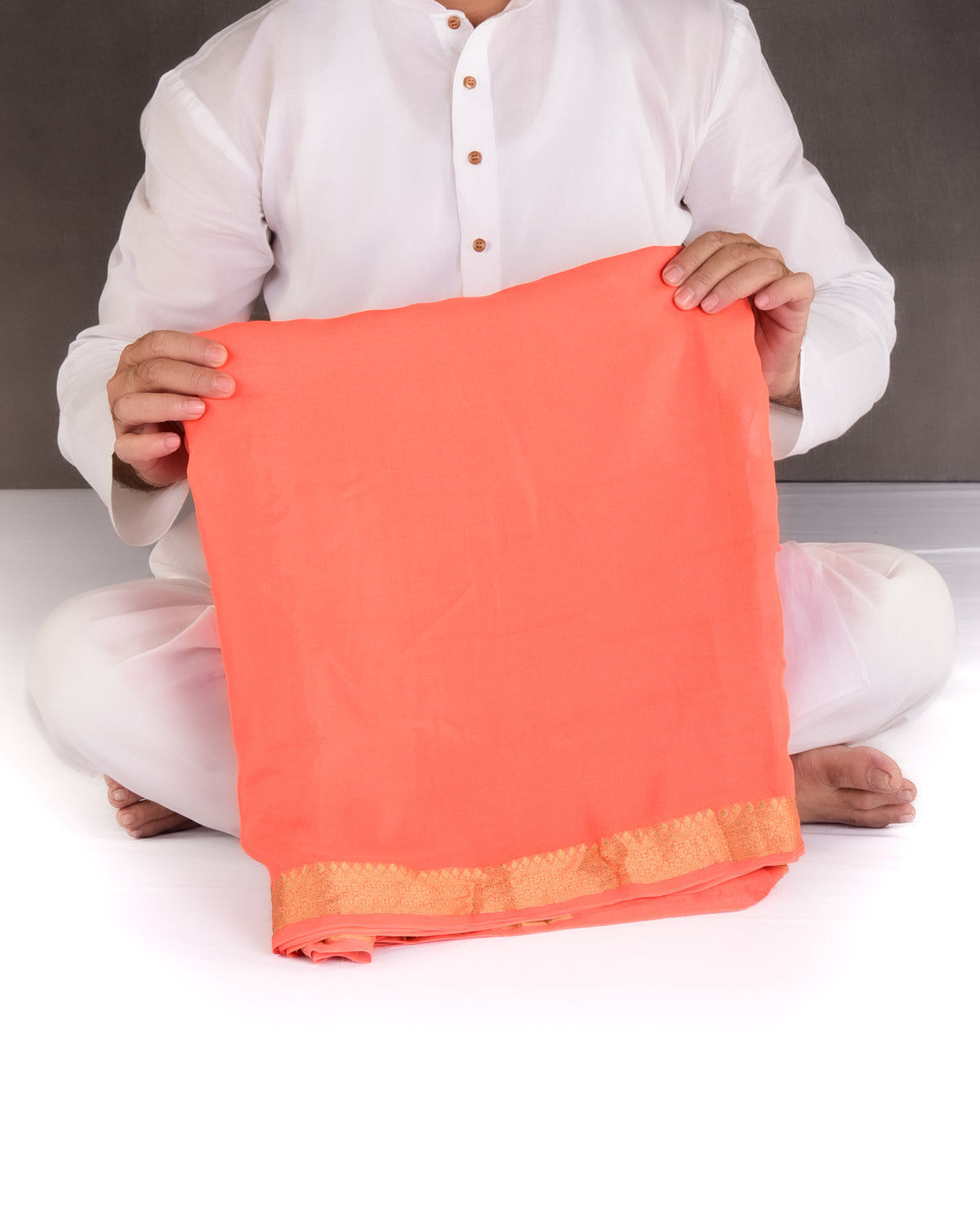Ombre Pink-Orange Gold Zari Border Pallu Brocade Woven Khaddi Georgette Banarasi Saree-HolyWeaves