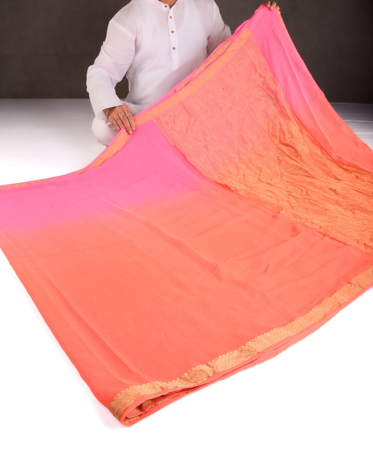 Ombre Pink-Orange Gold Zari Border Pallu Brocade Woven Khaddi Georgette Banarasi Saree-HolyWeaves