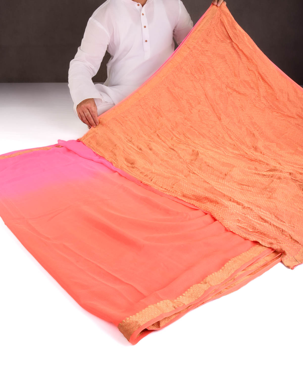 Ombre Pink-Orange Gold Zari Border Pallu Brocade Woven Khaddi Georgette Banarasi Saree-HolyWeaves