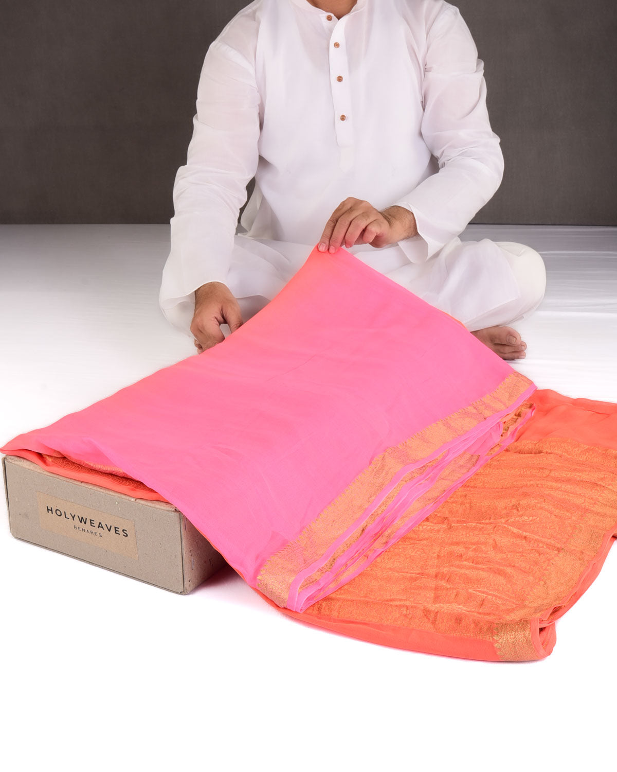 Ombre Pink-Orange Gold Zari Border Pallu Brocade Woven Khaddi Georgette Banarasi Saree-HolyWeaves