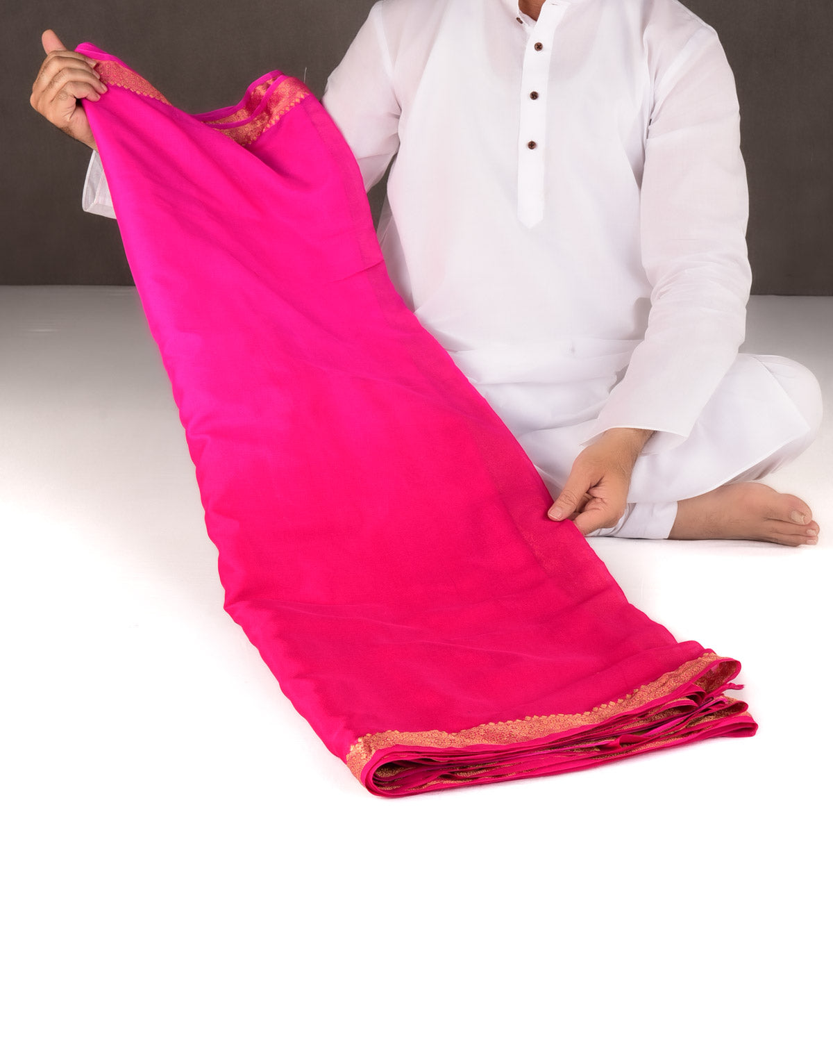 Ombre Fuchsia Pink Gold Zari Border Pallu Brocade Woven Khaddi Georgette Banarasi Saree-HolyWeaves