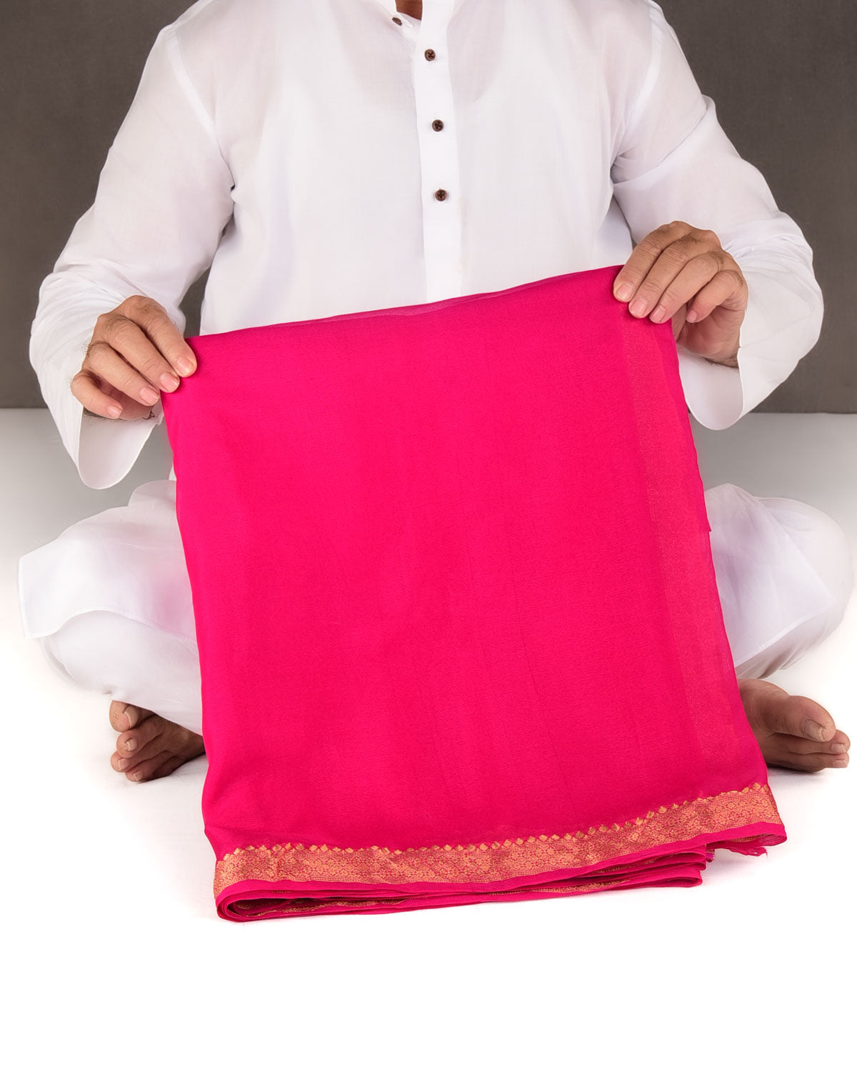 Ombre Fuchsia Pink Gold Zari Border Pallu Brocade Woven Khaddi Georgette Banarasi Saree-HolyWeaves