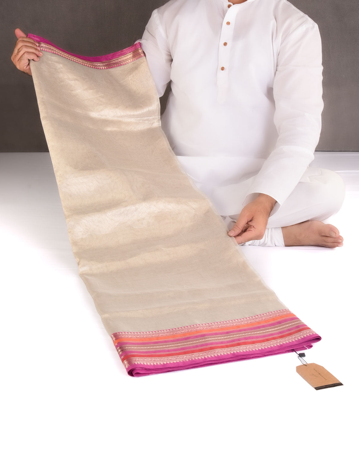 Metallic Silver Multi-color Stripes Border Pallu Cutwork Brocade Woven Tissue Banarasi Saree-HolyWeaves