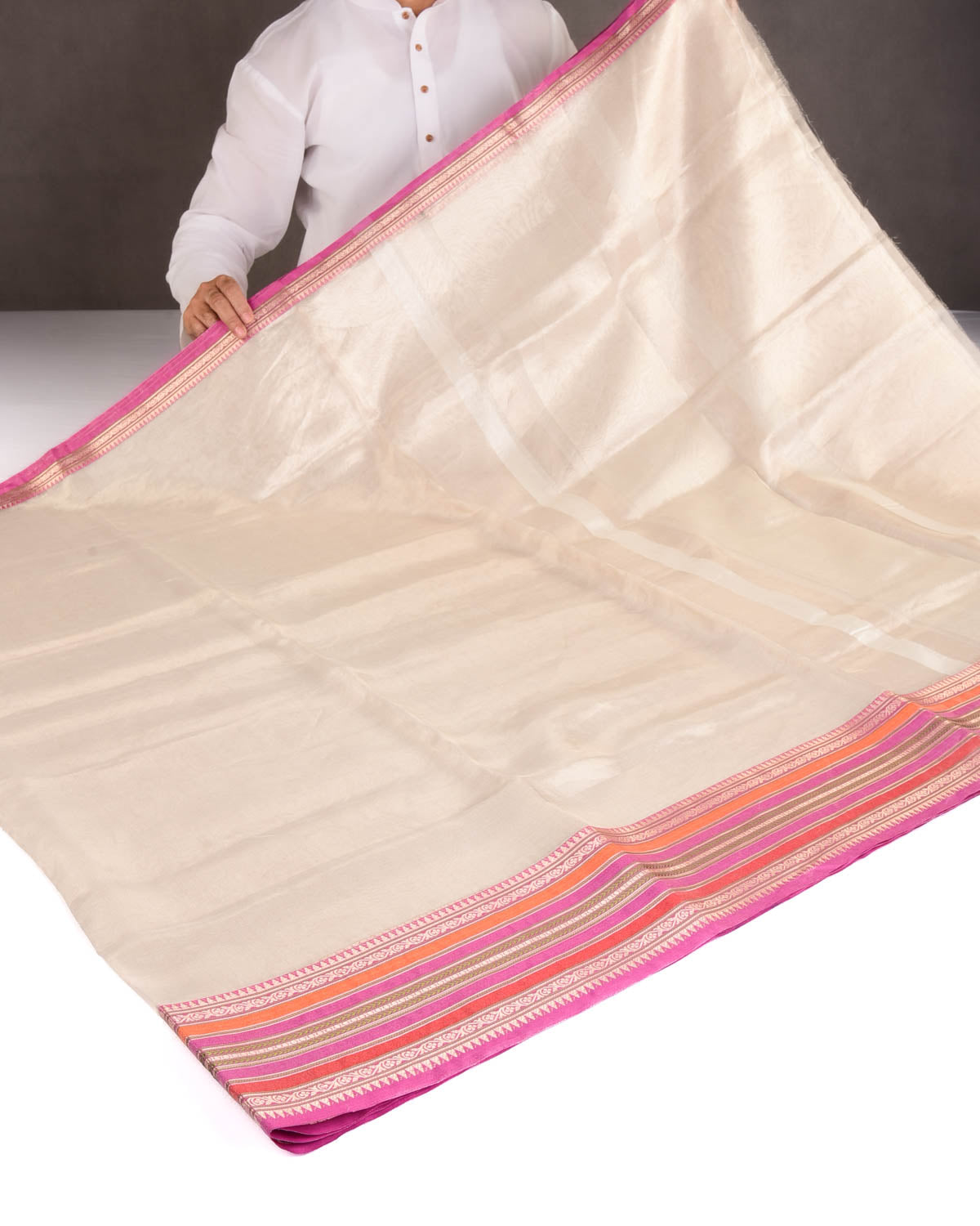 Metallic Silver Multi-color Stripes Border Pallu Cutwork Brocade Woven Tissue Banarasi Saree-HolyWeaves