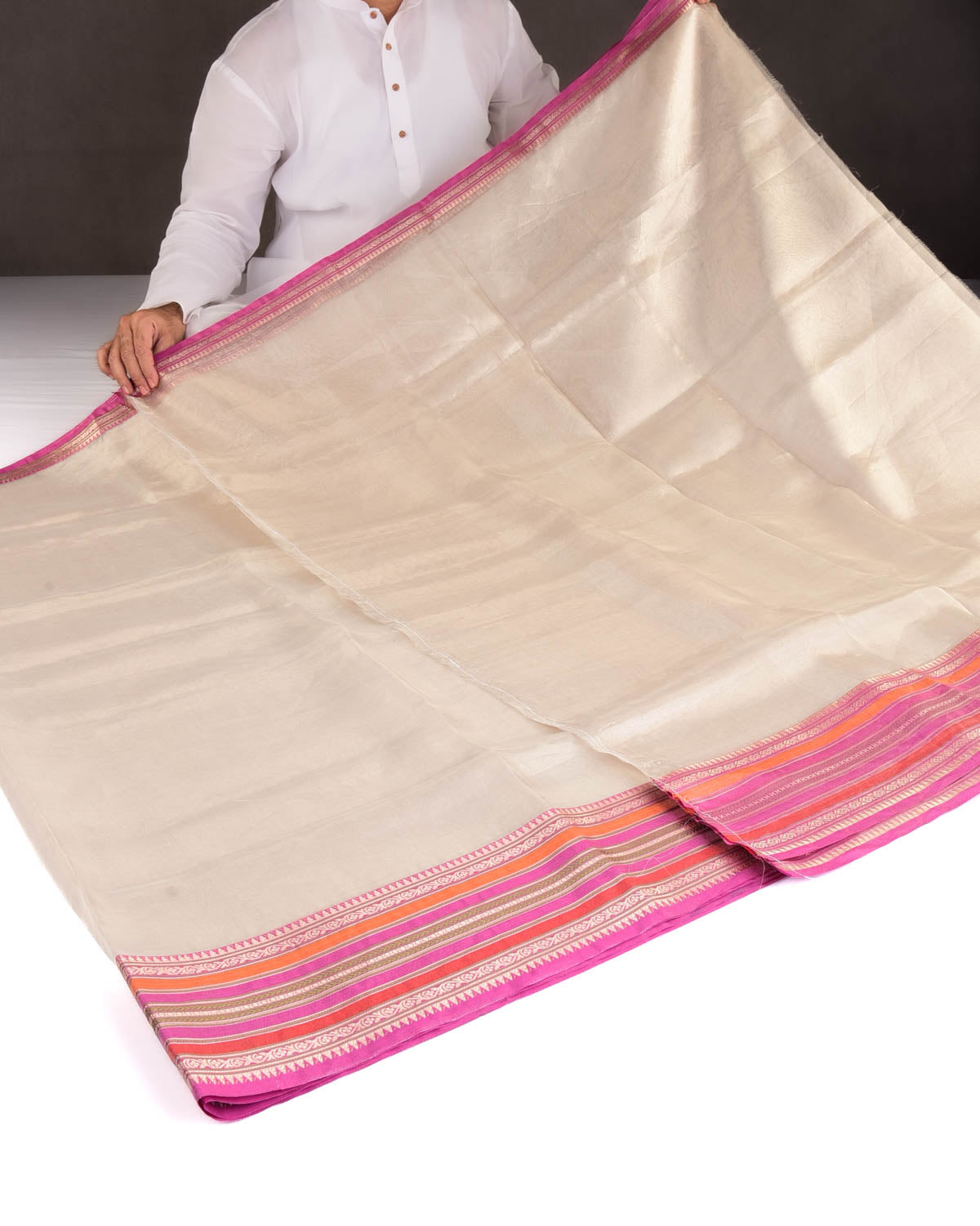 Metallic Silver Multi-color Stripes Border Pallu Cutwork Brocade Woven Tissue Banarasi Saree-HolyWeaves