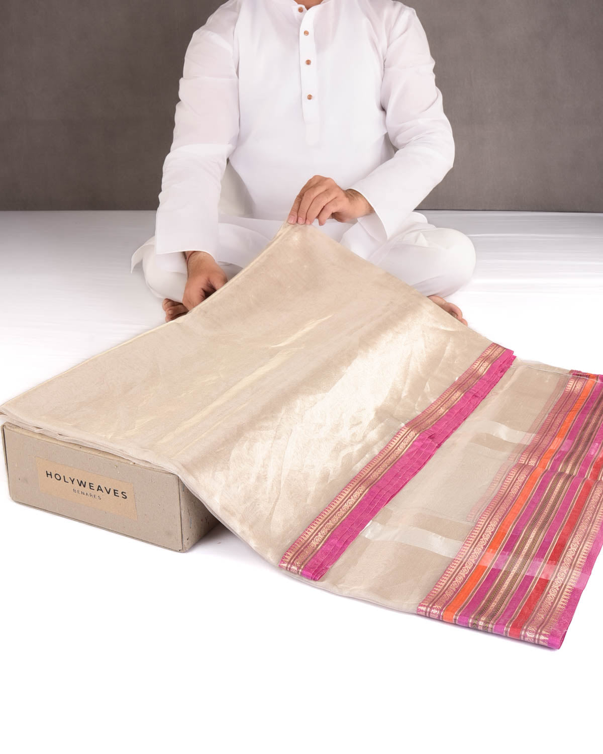 Metallic Silver Multi-color Stripes Border Pallu Cutwork Brocade Woven Tissue Banarasi Saree-HolyWeaves