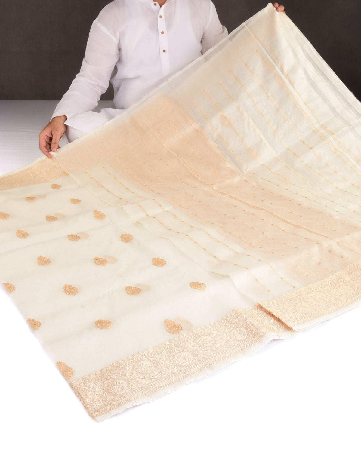 Ivory White Gold Zari Buti Kadhuan Brocade Handwoven Kora Silk Banarasi Saree-HolyWeaves